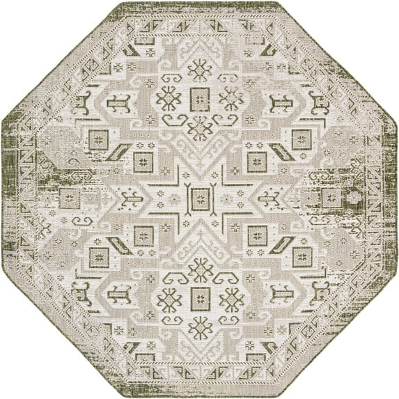 Rugs.com Outdoor Aztec Collection Rug – 8 Ft Octagon Green Flatweave Rug Perfect For Living Rooms, Kitchens, Entryways