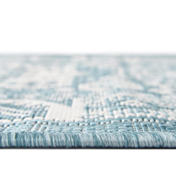 Rugs.com Outdoor Aztec Collection Rug – 8 Ft Runner Aqua Flatweave Rug Perfect For Hallways, Entryways