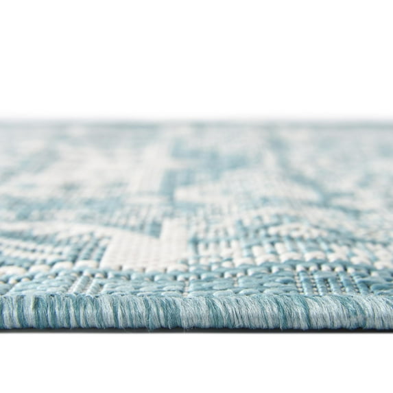 Rugs.com Outdoor Aztec Collection Rug – 8 Ft Runner Aqua Flatweave Rug Perfect For Hallways, Entryways