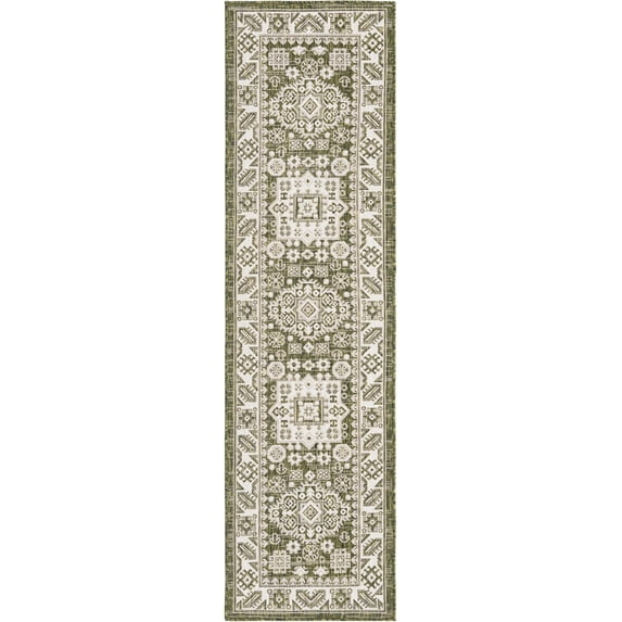 Rugs.com Outdoor Aztec Collection Rug – 8 Ft Runner Green Flatweave Rug Perfect For Hallways, Entryways
