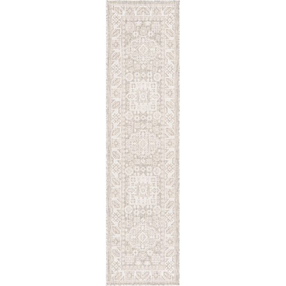 Rugs.com Outdoor Aztec Collection Rug – 8 Ft Runner Light Gray Flatweave Rug Perfect For Hallways, Entryways