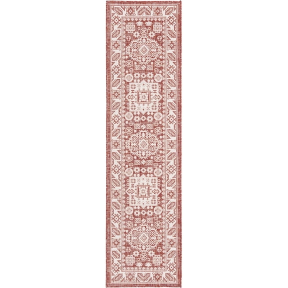 Rugs.com Outdoor Aztec Collection Rug – 8 Ft Runner Rust Red Flatweave Rug Perfect For Hallways, Entryways