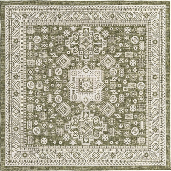 Rugs.com Outdoor Aztec Collection Rug – 8 Ft Square Green Flatweave Rug Perfect For Living Rooms, Kitchens, Entryways