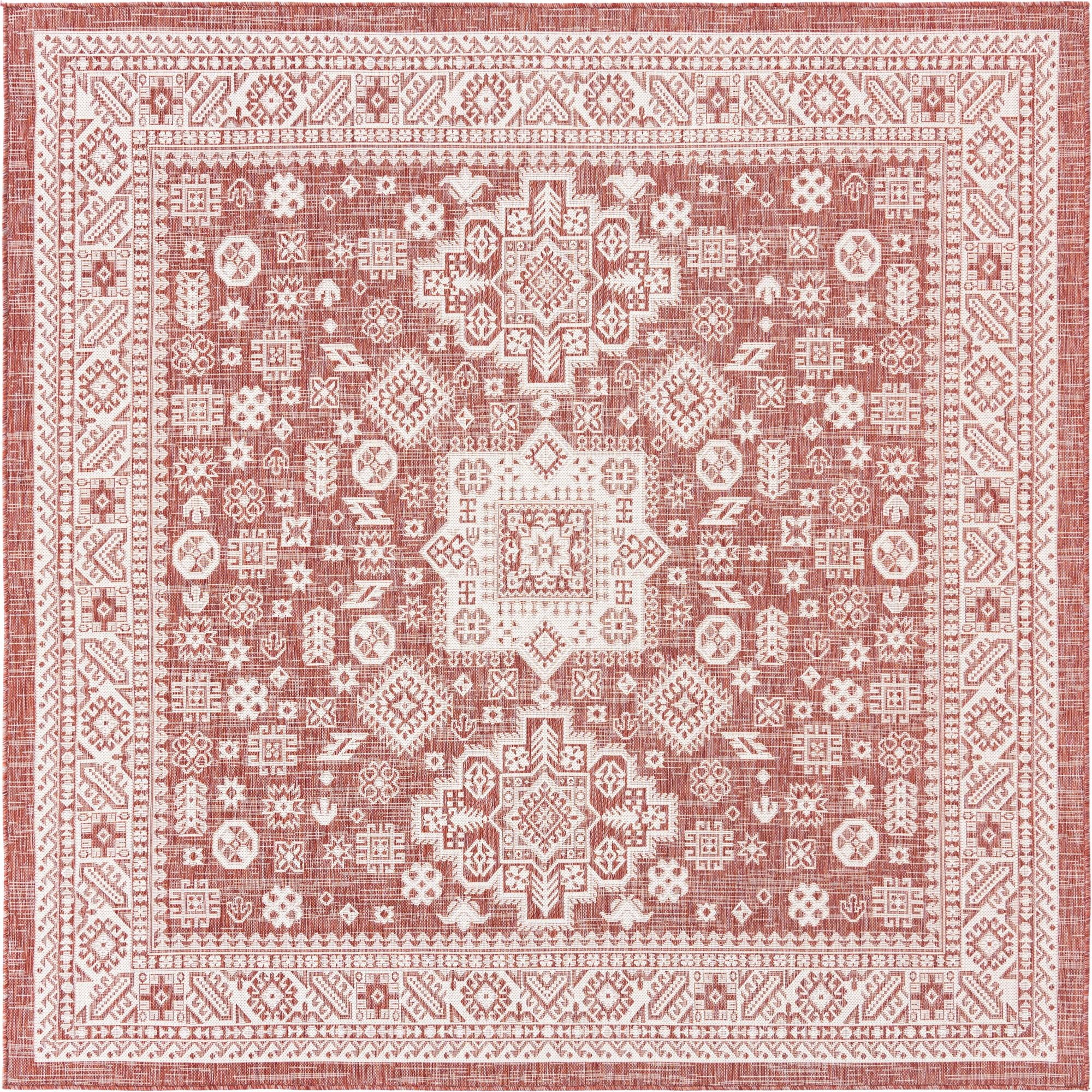 Rugs.com Outdoor Aztec Collection Rug – 8 Ft Square Rust Red Flatweave ...