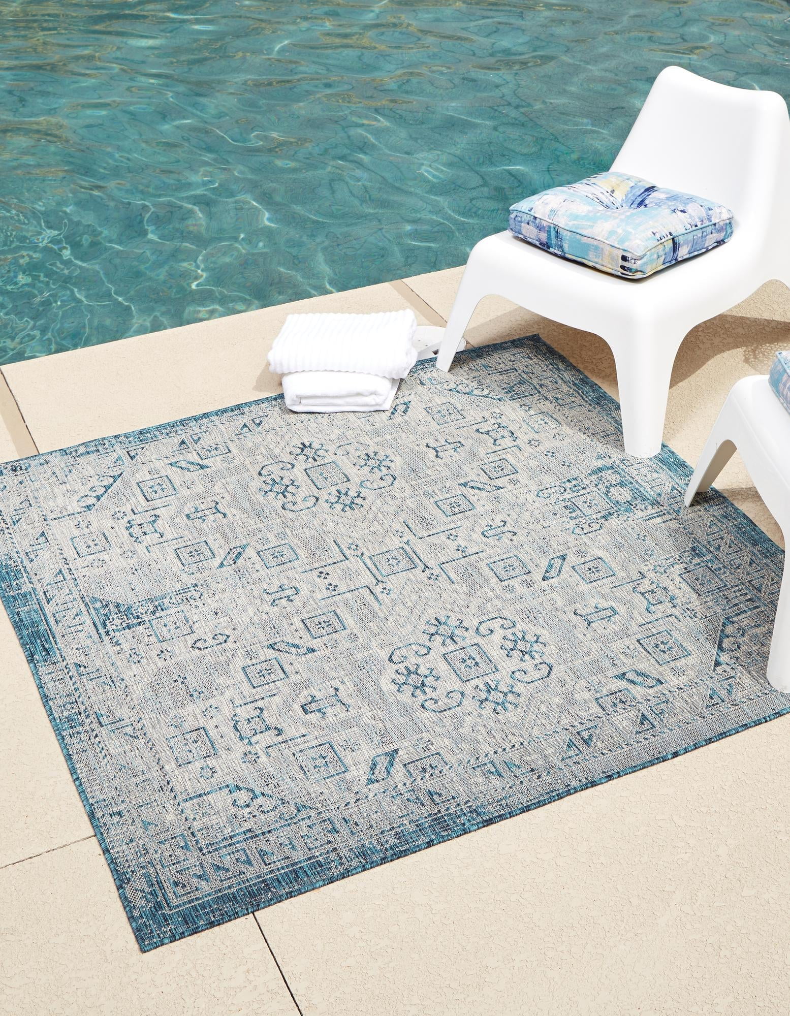 Rugs.com Outdoor Aztec Collection Rug – 8 Ft Square Teal Flatweave 