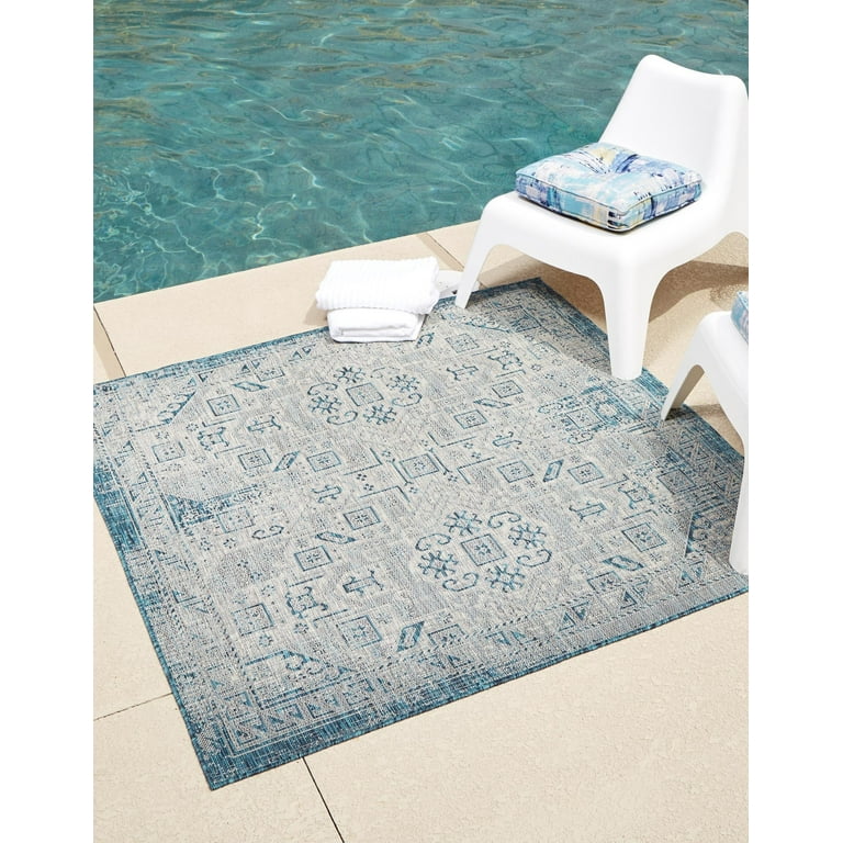 Rugs.com Outdoor Aztec Collection Rug – 8 Ft Square Teal Flatweave 