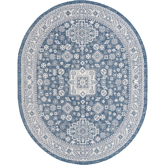Rugs.com Outdoor Aztec Collection Rug – 8' x 10' Oval Blue Flatweave Rug Perfect For Living Rooms, Large Dining Rooms, Open Floorplans