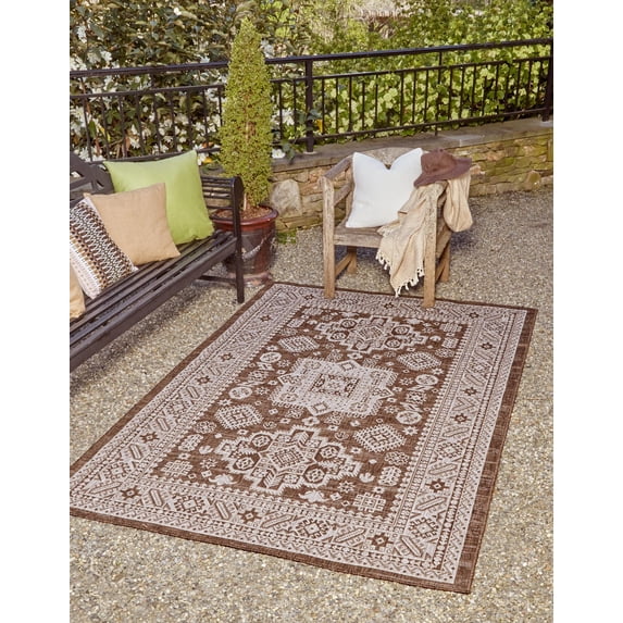 Rugs.com Outdoor Aztec Collection Rug – 8' x 11' Brown Flatweave Rug Perfect For Living Rooms, Large Dining Rooms, Open Floorplans