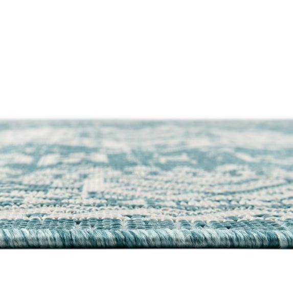 Rugs.com Outdoor Aztec Collection Rug – 9' x 12' Aqua Flatweave Rug Perfect For Living Rooms, Large Dining Rooms, Open Floorplans