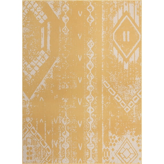 Rugs.com Outdoor Bohemian Collection Rug – 10' x 13' Yellow Flatweave Rug Perfect For Living Rooms, Large Dining Rooms, Open Floorplans