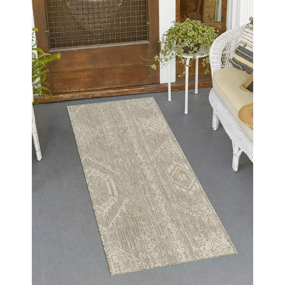 Rugs.com Outdoor Bohemian Collection Rug – 4 Ft Runner Gray Flatweave Rug Perfect For Hallways, Entryways
