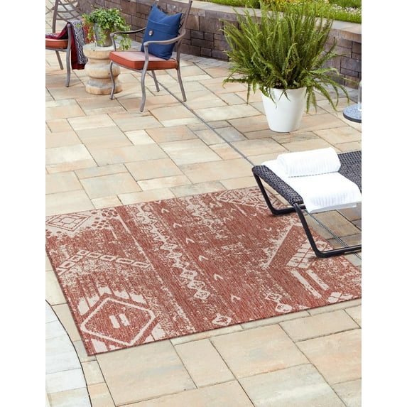 Rugs.com Outdoor Bohemian Collection Rug – 5 Ft Square Rust Red Flatweave Rug Perfect For Living Rooms, Kitchens, Entryways