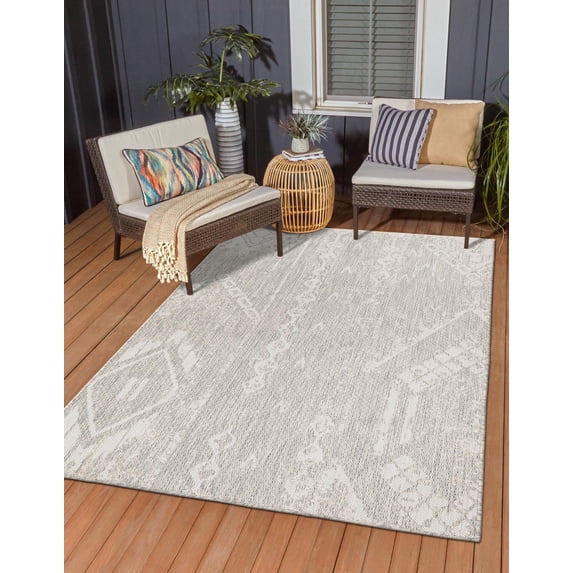 Rugs.com Outdoor Bohemian Collection Rug – 5' x 8' Gray Flatweave Rug Perfect For Bedrooms, Dining Rooms, Living Rooms