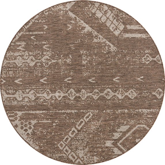 Rugs.com Outdoor Bohemian Collection Rug – 6 Ft Round Brown Flatweave Rug Perfect For Kitchens, Dining Rooms