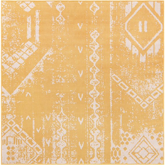 Rugs.com Outdoor Bohemian Collection Rug – 7 Ft Square Yellow Flatweave Rug Perfect For Living Rooms, Kitchens, Entryways