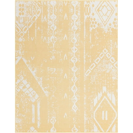 Rugs.com Outdoor Bohemian Collection Rug – 8' x 10' Yellow Flatweave Rug Perfect For Living Rooms, Large Dining Rooms, Open Floorplans