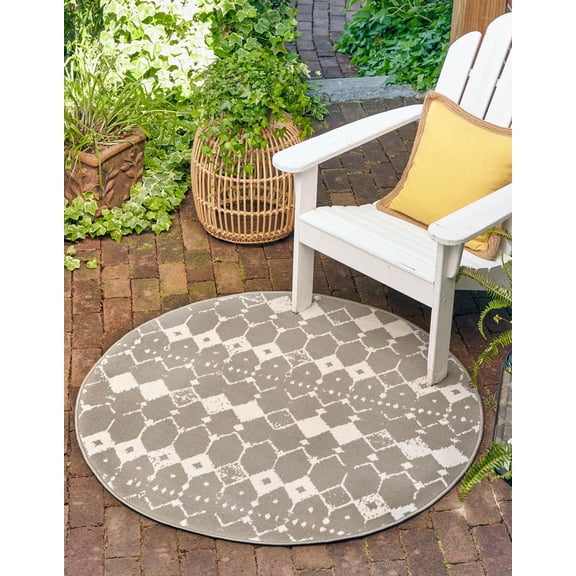 Rugs.com Outdoor Lattice Collection Rug – 4 Ft Round Gray Flatweave Rug Perfect For Kitchens, Dining Rooms