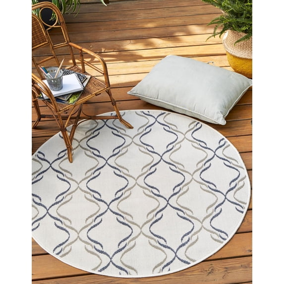 Rugs.com Outdoor Lattice Collection Rug – 4 Ft Round Ivory Flatweave Rug Perfect For Kitchens, Dining Rooms