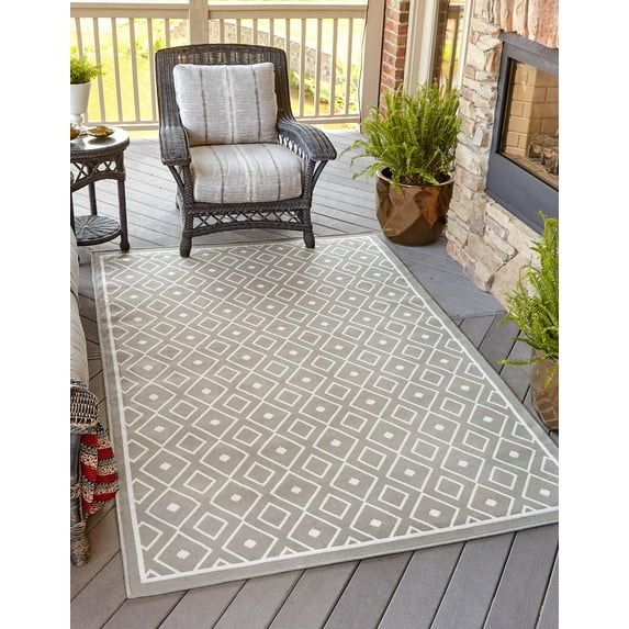 Rugs.com Outdoor Lattice Collection Rug – 6' x 9' Gray Flatweave Rug Perfect For Bedrooms, Dining Rooms, Living Rooms