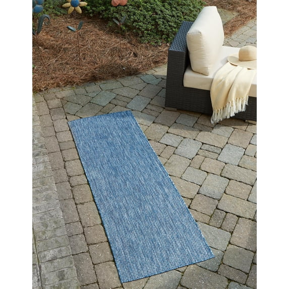 Rugs.com Outdoor Solid Collection Rug – 6 Ft Runner Blue Flatweave Rug Perfect For Hallways, Entryways