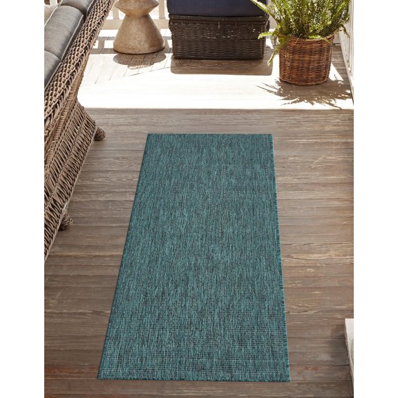 Rugs.com Outdoor Solid Collection Rug – 6 Ft Runner Teal Flatweave Rug Perfect For Hallways, Entryways
