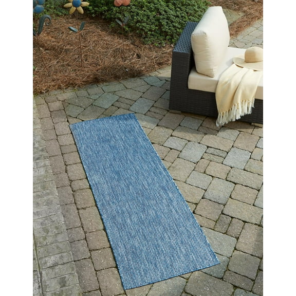 Rugs.com Outdoor Solid Collection Rug – 8 Ft Runner Blue Flatweave Rug Perfect For Hallways, Entryways