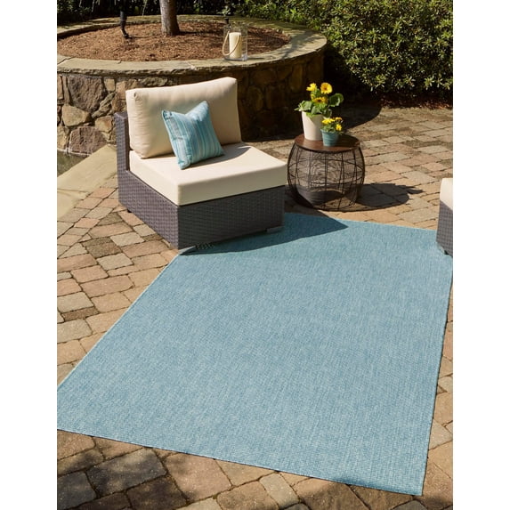 Rugs.com Outdoor Solid Collection Rug – 8' x 11' Aquamarine Flatweave Rug Perfect For Living Rooms, Large Dining Rooms, Open Floorplans