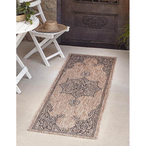 Rugs.com Outdoor Traditional Collection Rug – 6 Ft Runner Beige Flatweave Rug Perfect For Hallways, Entryways