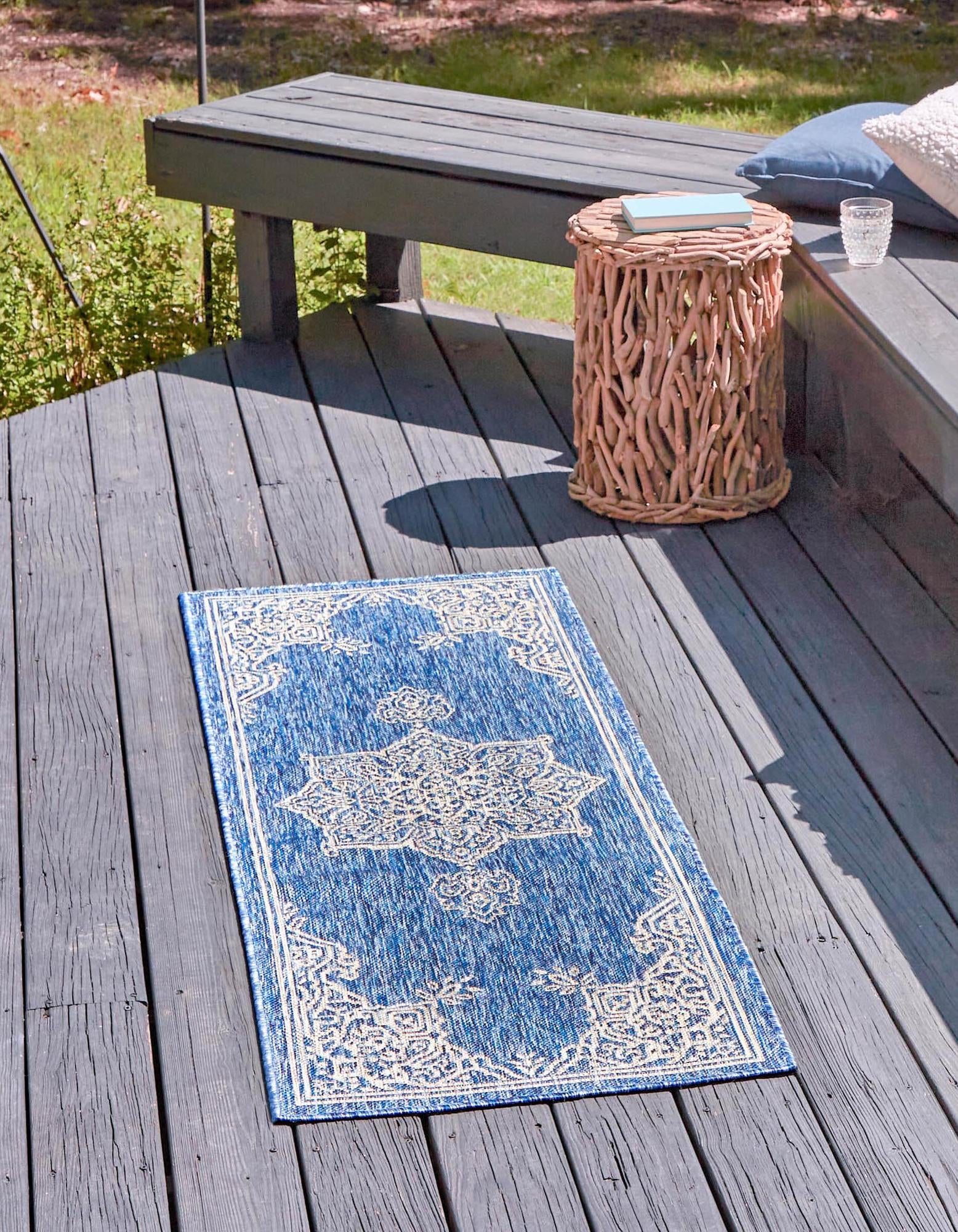 Rugs.com Outdoor Traditional Collection Rug – 6 Ft Runner Blue ...