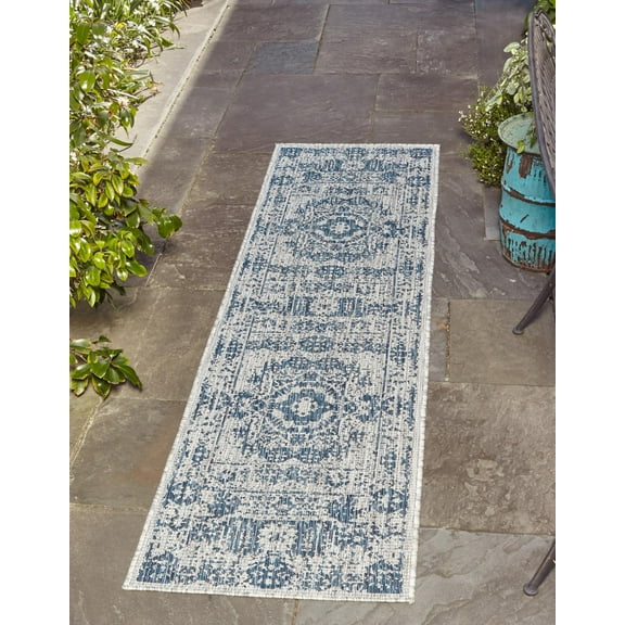 Rugs.com Outdoor Traditional Collection Rug – 6 Ft Runner Blue Flatweave Rug Perfect For Hallways, Entryways