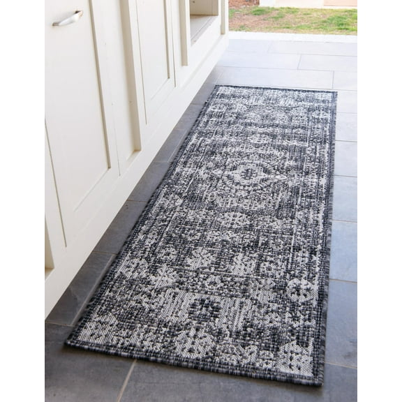 Rugs.com Outdoor Traditional Collection Rug – 6 Ft Runner Charcoal Gray Flatweave Rug Perfect For Hallways, Entryways