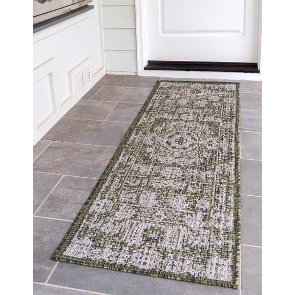 Rugs.com Outdoor Traditional Collection Rug – 6 Ft Runner Green Flatweave Rug Perfect For Hallways, Entryways