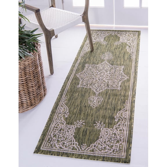 Rugs.com Outdoor Traditional Collection Rug – 6 Ft Runner Green Flatweave Rug Perfect For Hallways, Entryways