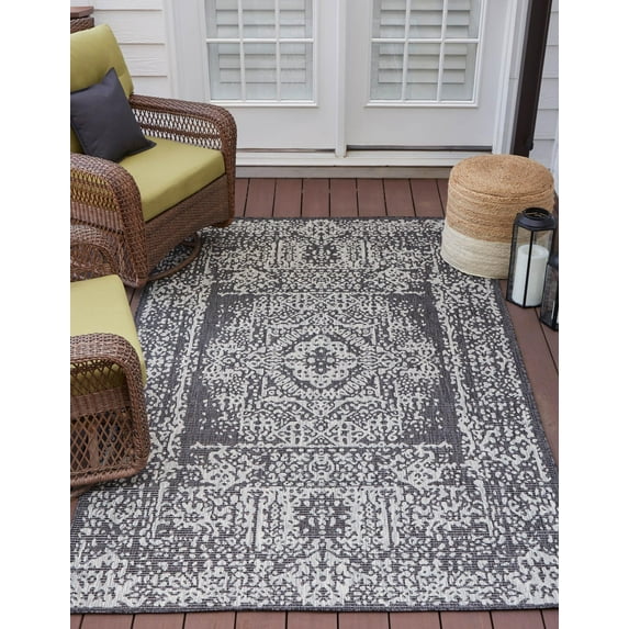 Rugs.com Outdoor Traditional Collection Rug – 6' x 9' Charcoal Gray Flatweave Rug Perfect For Bedrooms, Dining Rooms, Living Rooms