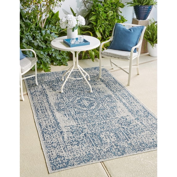 Rugs.com Outdoor Traditional Collection Rug – 9' x 12' Blue Flatweave Rug Perfect For Living Rooms, Large Dining Rooms, Open Floorplans