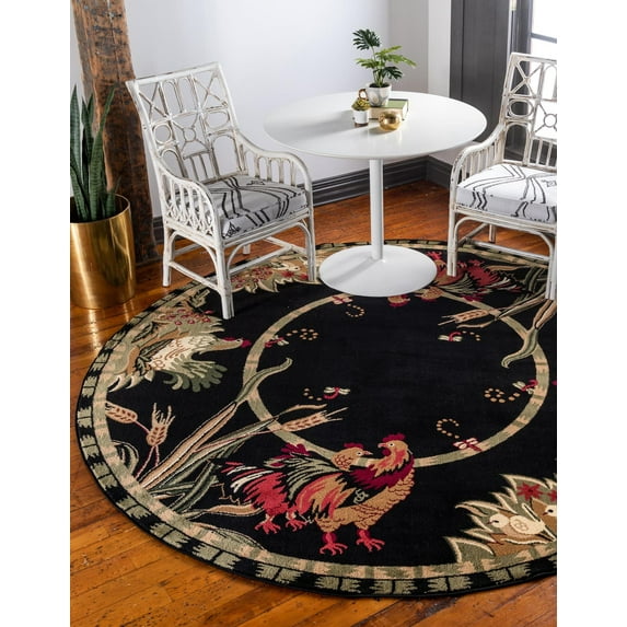Rugs.com Pastoral Collection Rug – 8 Ft Round Black Medium Rug Perfect For Kitchens, Dining Rooms