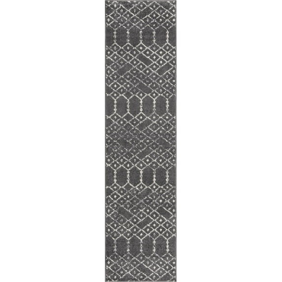Rugs.com Paxon Trellis Collection Rug – 10 Ft Runner Charcoal Gray Medium Rug Perfect For Hallways, Entryways