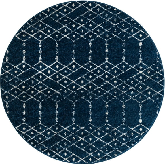 Rugs.com Paxon Trellis Collection Rug – 3 Ft Round Navy Blue Medium Rug Perfect For Kitchens, Dining Rooms