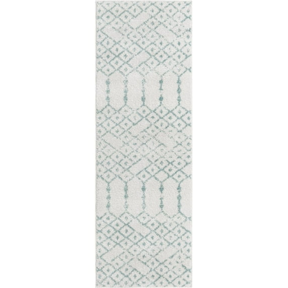 Rugs.com Paxon Trellis Collection Rug – 8 Ft Runner Ivory Aqua Medium Rug Perfect For Hallways, Entryways