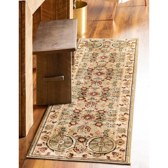 Rugs.com Pioneer Collection Rug – 10 Ft Runner Green Medium-Pile Rug Perfect For Hallways, Entryways