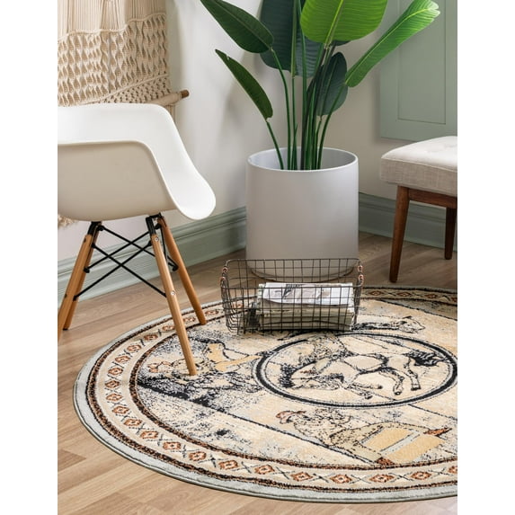 Rugs.com Pioneer Collection Rug – 4 Ft Round Blue Medium-Pile Rug Perfect For Kitchens, Dining Rooms