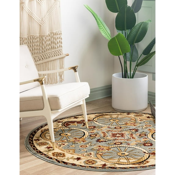 Rugs.com Pioneer Collection Rug – 5 Ft Round Blue Medium-Pile Rug Perfect For Kitchens, Dining Rooms