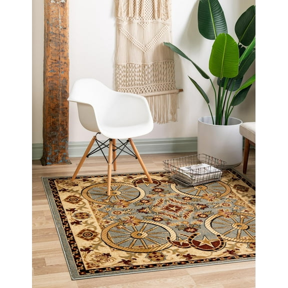 Rugs.com Pioneer Collection Rug – 5 Ft Square Blue Medium-Pile Rug Perfect For Living Rooms, Kitchens, Entryways
