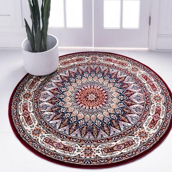 Rugs.com Rabia Collection Rug – 10' Round Burgundy Low Rug Perfect For Kitchens, Dining Rooms