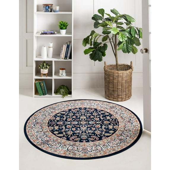 Rugs.com Rabia Collection Rug – 10' Round Navy Blue Low Rug Perfect For Kitchens, Dining Rooms