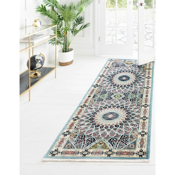 Rugs.com Rabia Collection Rug – 2' 7 x 11' Runner Blue Low Rug Perfect For Hallways, Entryways