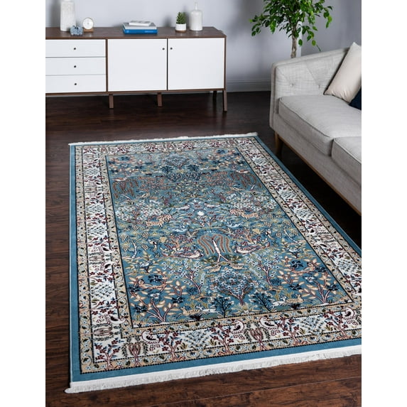 Rugs.com Rabia Collection Rug – 2' 7 x 4' Blue Low Rug Perfect For Living Rooms, Large Dining Rooms, Open Floorplans