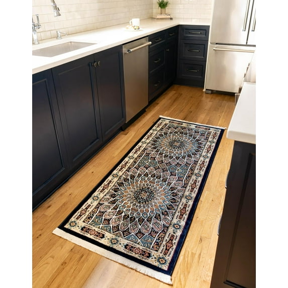 Rugs.com Rabia Collection Rug – 2' 7 x 9' Runner Navy Blue Low Rug Perfect For Hallways, Entryways
