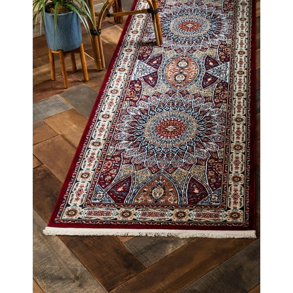 Rugs.com Rabia Collection Rug – 3' x 13' Runner Burgundy Low Rug Perfect For Hallways, Entryways