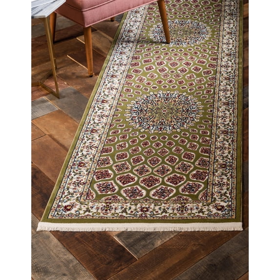 Rugs.com Rabia Collection Rug – 3' x 13' Runner Green Low Rug Perfect For Hallways, Entryways
